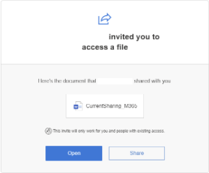 A Microsoft Notification displaying to the recipient that a client invited you to access a file. There are two options available, open or share the file.