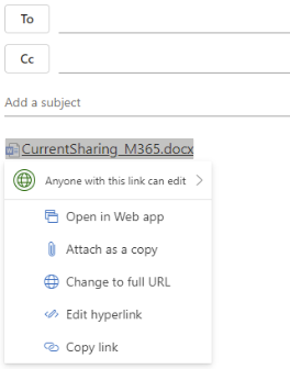 A Microsoft Outlook notification with the options that anyone with a link can edit. With additonal share options designed for web.