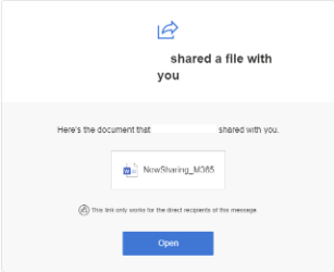 A Microsoft Notification displaying to the recipient that a client shared a file with you. There is only one options available, open the file.