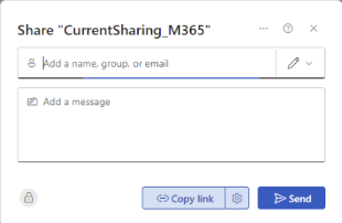 A Microsoft Notification displaying the current method of adding or sharing a document. There are two input fields. One for inputting names, groups or emails, and another input for adding a custom message.