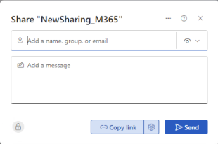 A Microsoft Notification displaying the current method of adding or sharing a document. There are two input fields. One for inputting names, groups or emails, and another input for adding a custom message.