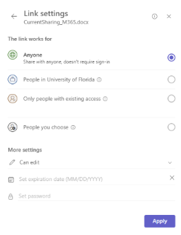 A Microsoft Notification displaying radio buttons that can be shared with anyone, people within the organization, and people you choose. There is an input field for an expiration date and or password.