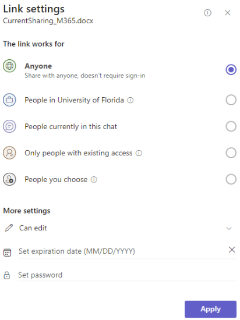 A Microsoft Notification displaying radio buttons that can be shared with anyone, people within the organization, and people you choose. There is an input field for an expiration date and or password.