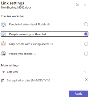 A Microsoft notification with radio buttons to share a document with 