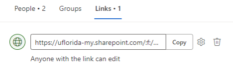 A Microsoft notification displaying the option to share a document link. With the option to copy, delete or select setting that can be shared with anyone.