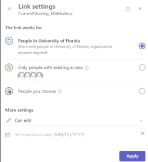 A Microsoft Notification displaying radio buttons that can be shared with people within the organization, and people you choose. There is an input field for an expiration date.